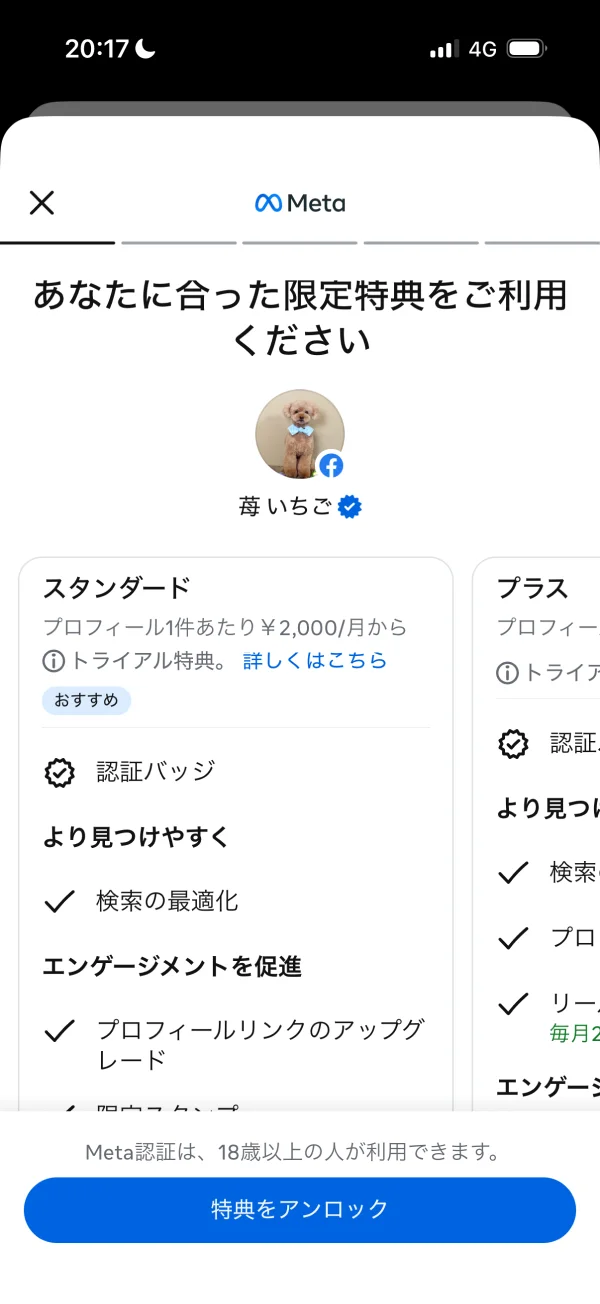 Facebookの料金プラン画面
