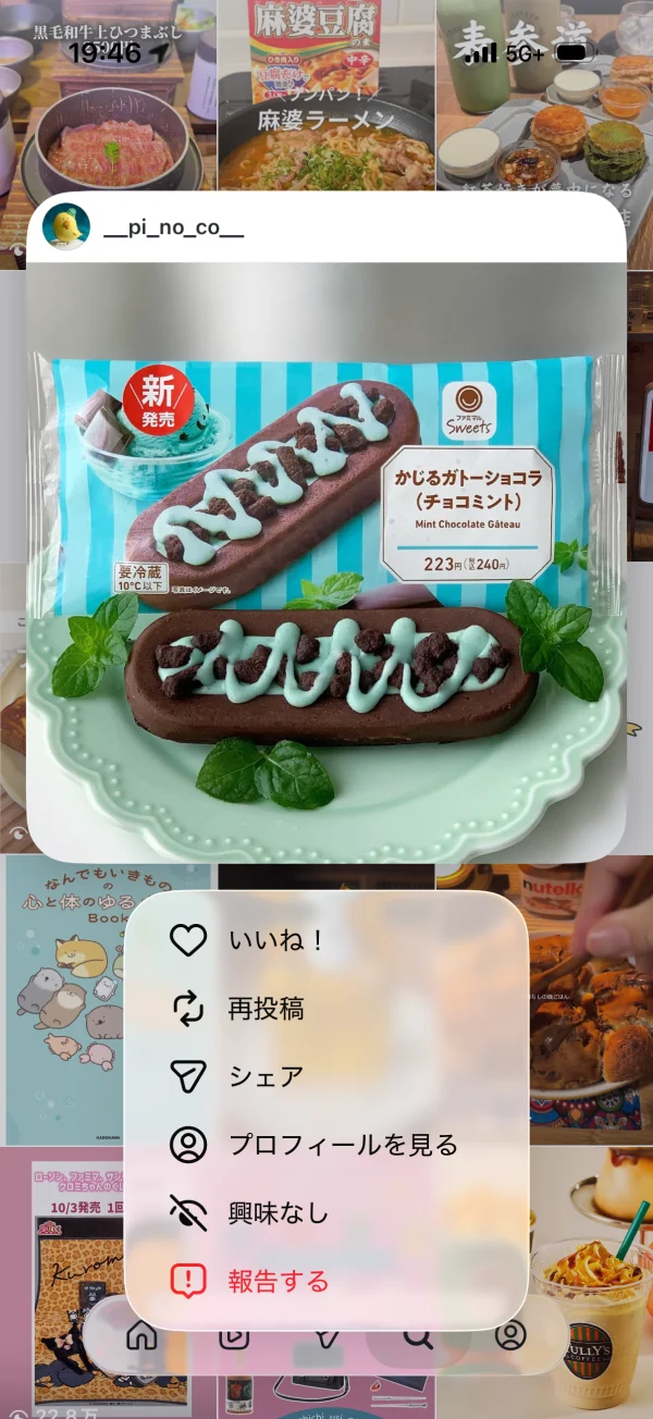 Instagramのポップオーバー画面