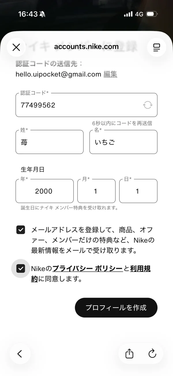 Nikeの認証画面