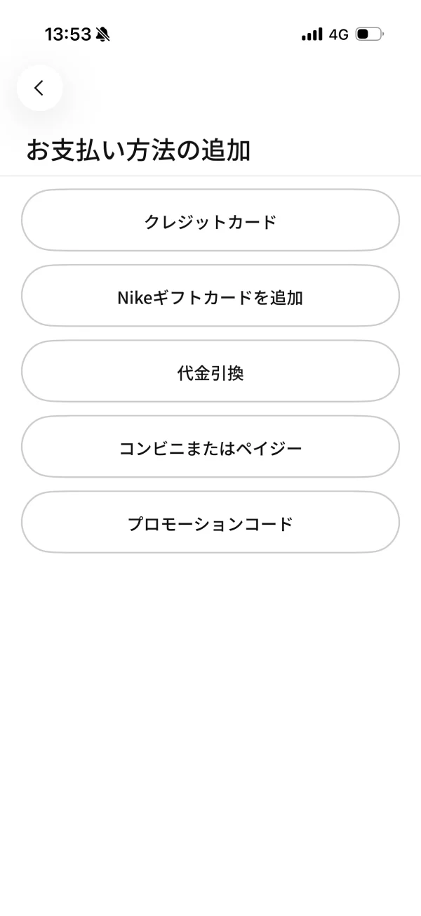 Nikeの支払い方法画面