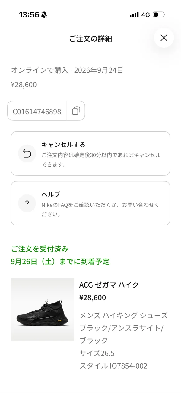 Nikeのフルスクリーンシート画面