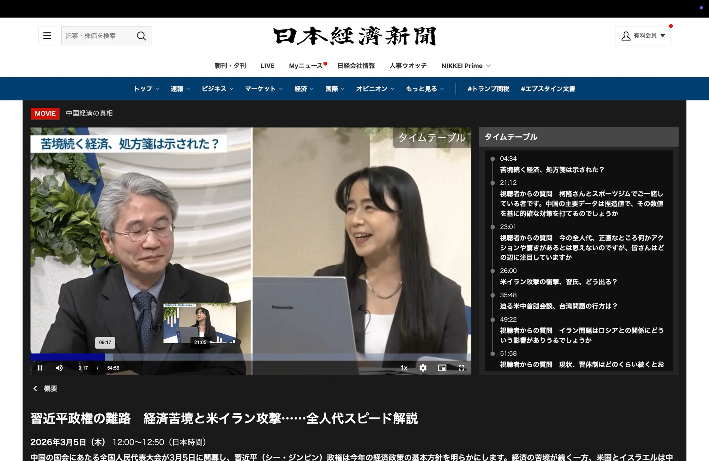 日本経済新聞のビデオ・オーディオプレイヤー画面