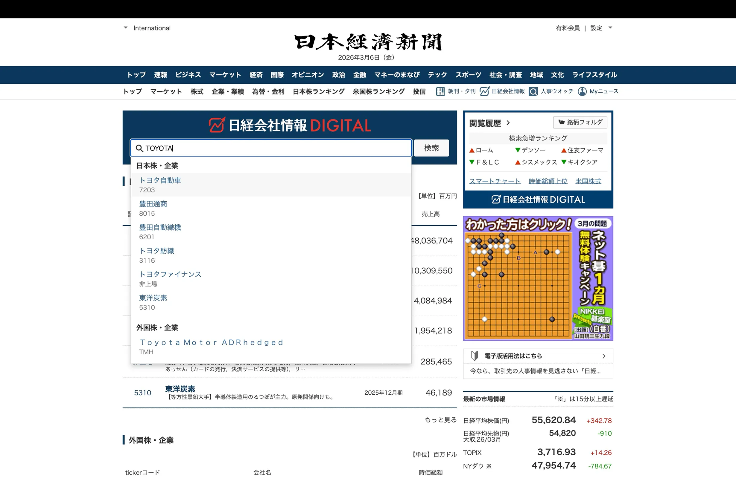 日本経済新聞のコンボボックス画面