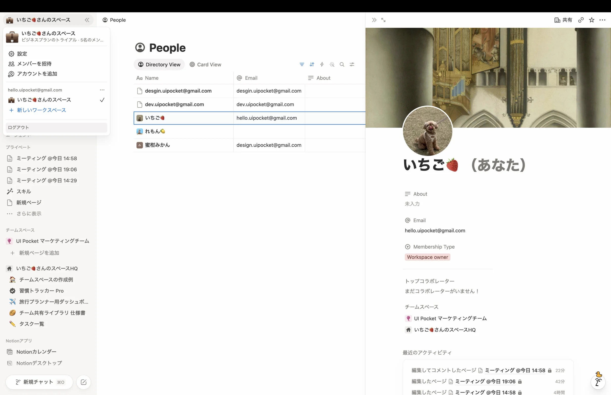 Notionのマイページ・プロフィール画面