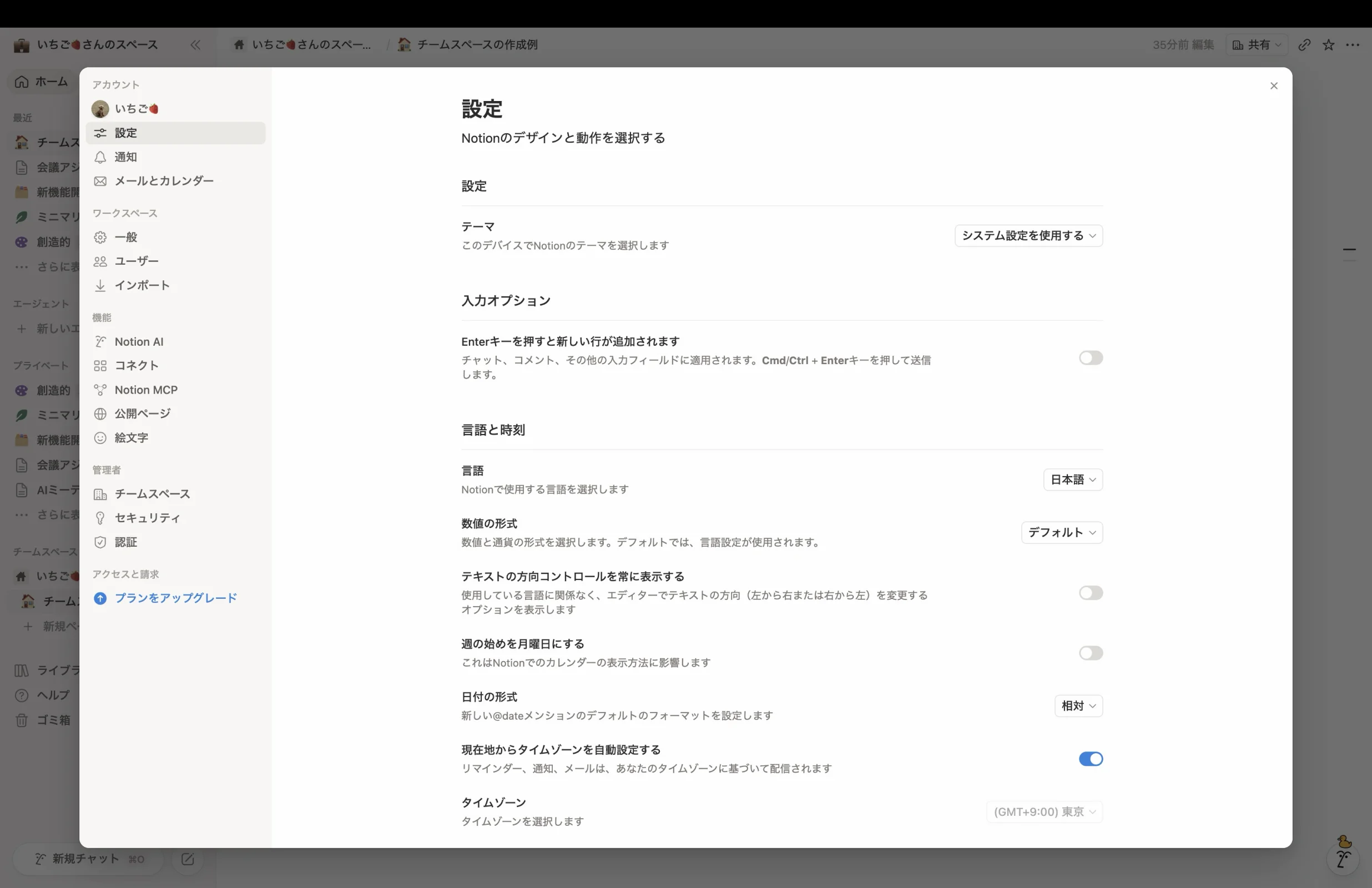 Notionの設定画面
