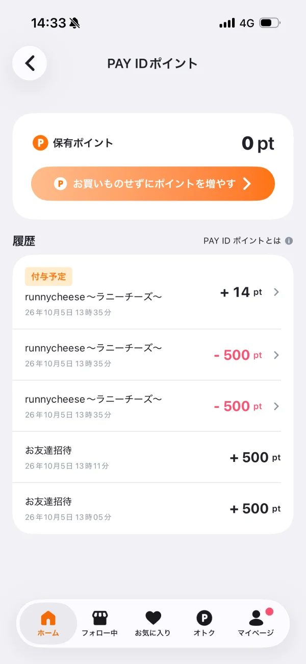 PAY ID（ペイアイディー）の明細画面