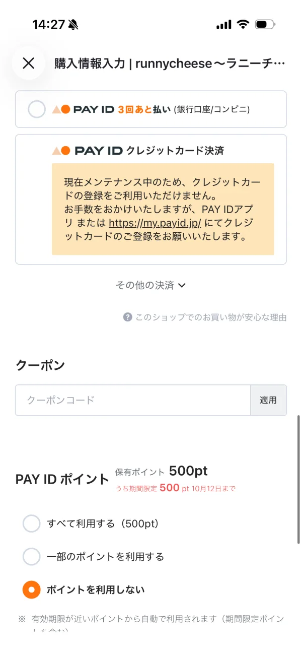 PAY ID（ペイアイディー）のエラーステート画面