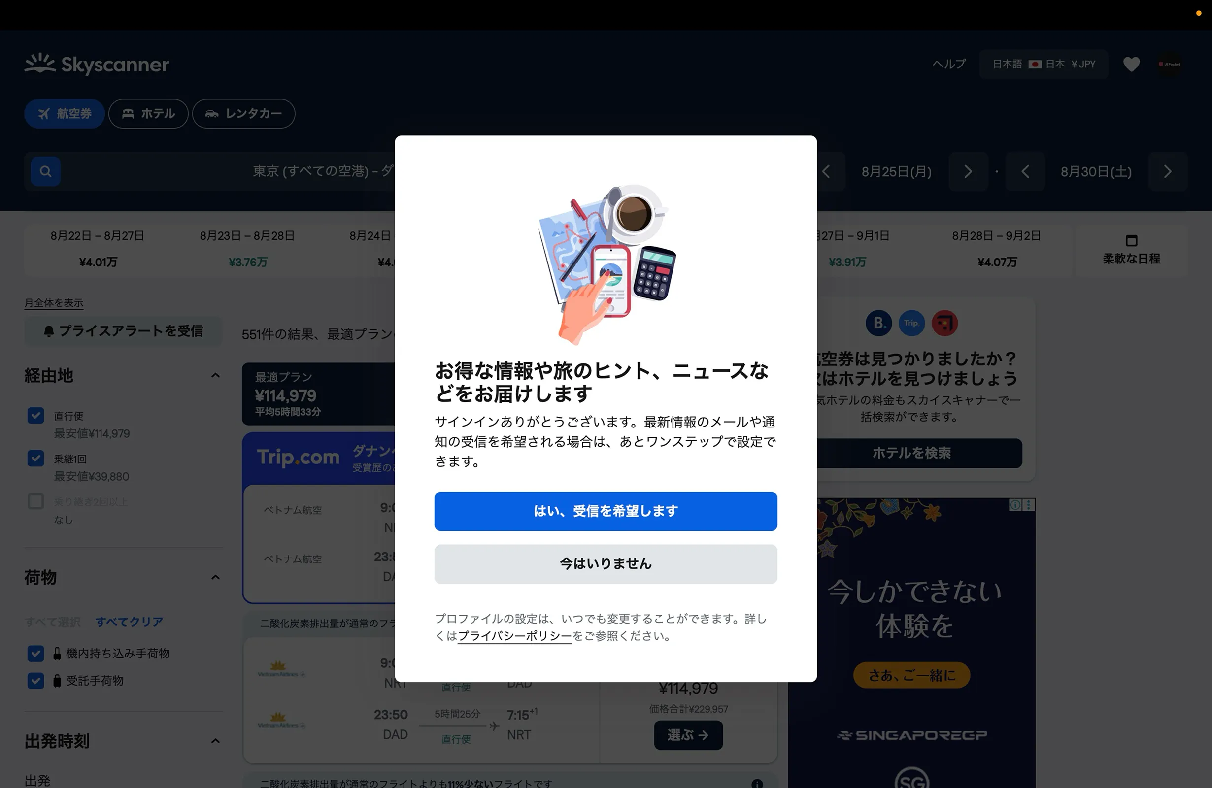 Skyscannerのプロモーション画面