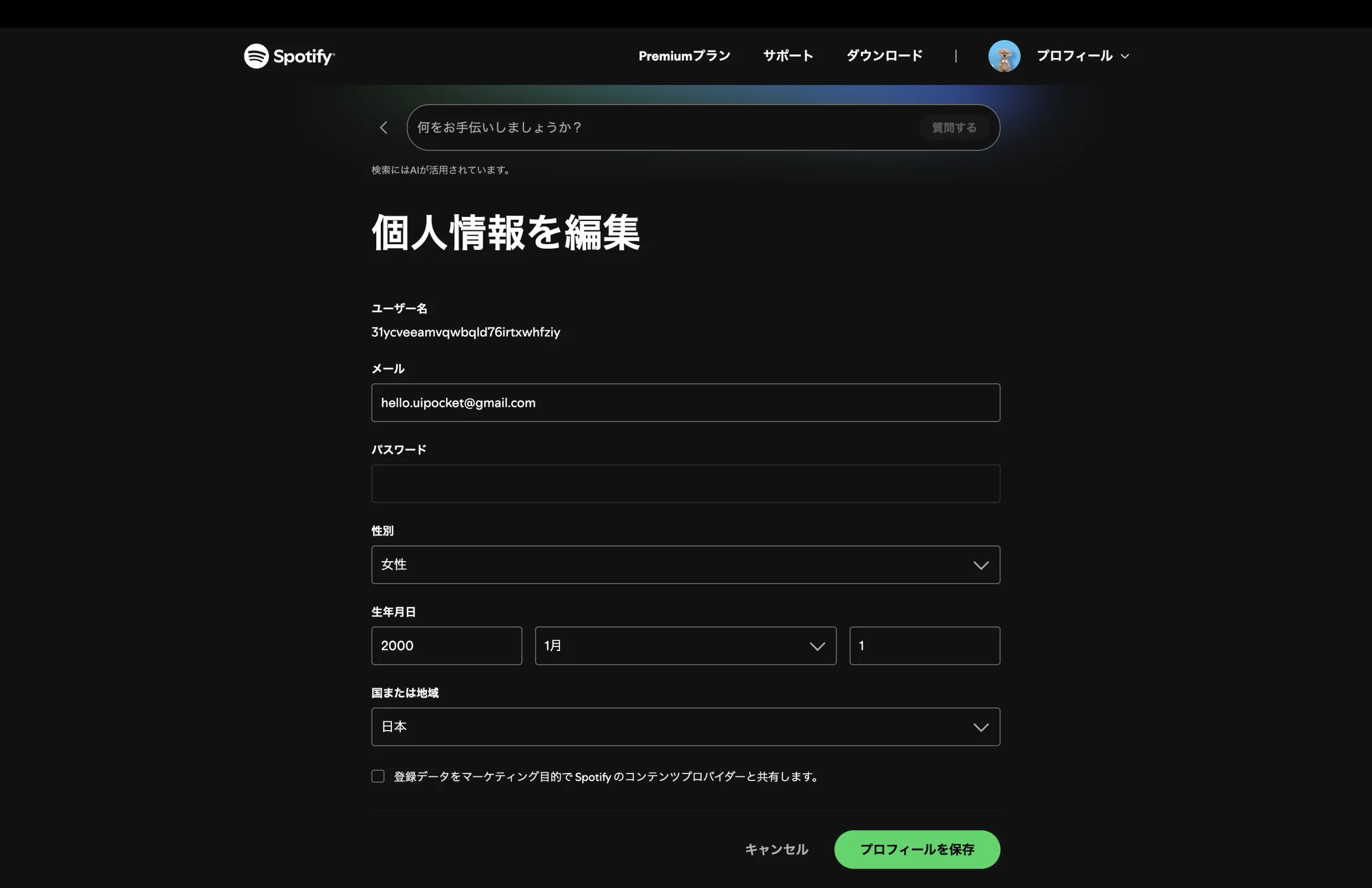 Spotifyの設定画面