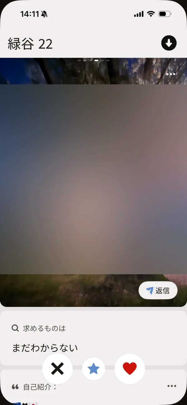 Tinder（ティンダー）のユーザープロフィール画面