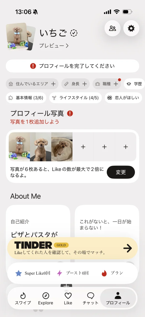 Tinder（ティンダー）のアプリバー画面