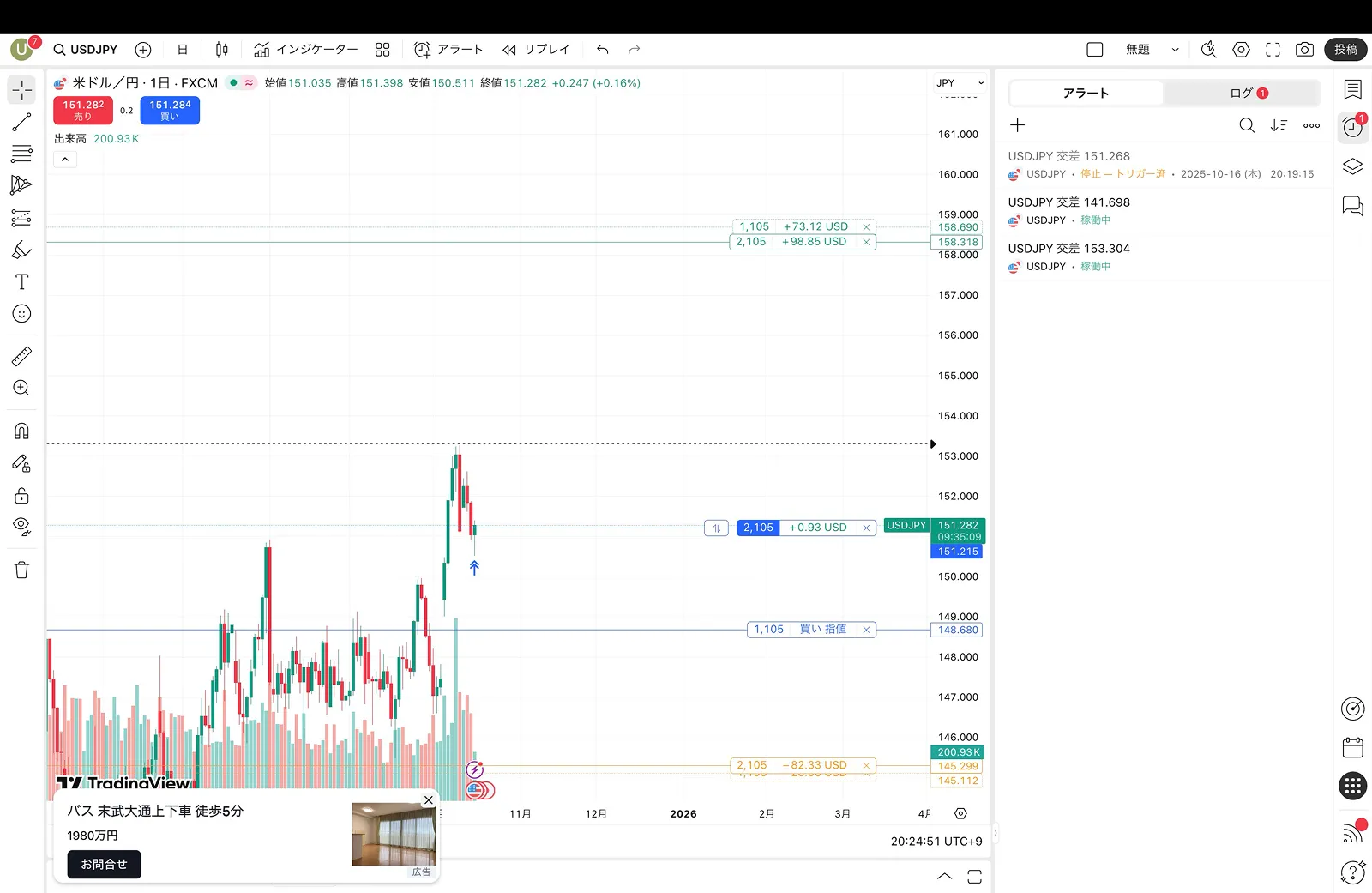 TradingViewのメッセージ・お知らせ画面