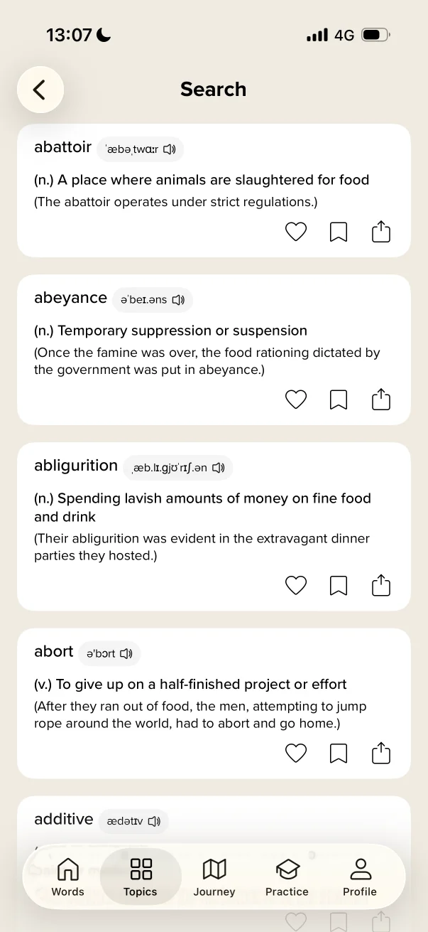 Vocabularyのアプリバー画面
