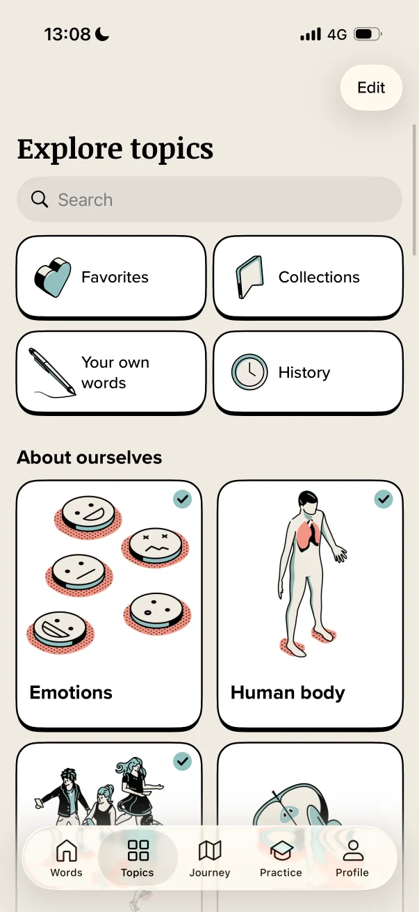Vocabularyのアプリバー画面