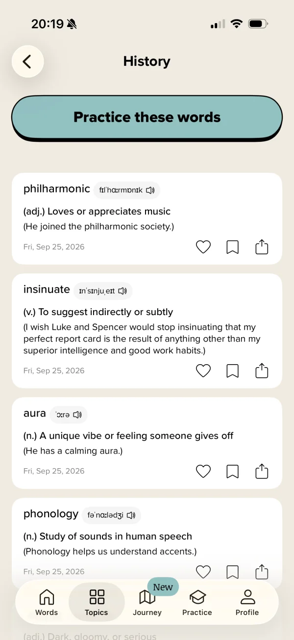 Vocabularyのタイムライン・履歴画面