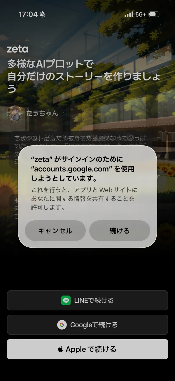 zetaの許可画面